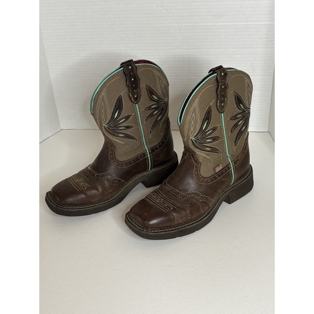 Justin Kids Brown & Green  Western Cowboy Boots Embroidered Size 6B L9536 Youth